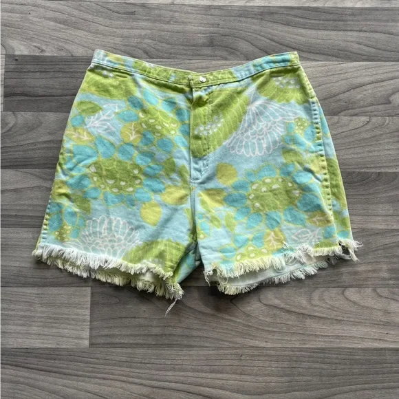 Vintage 70s floral print wrangler jean shorts mini shorts 29” waist blue green - Picture 3 of 7